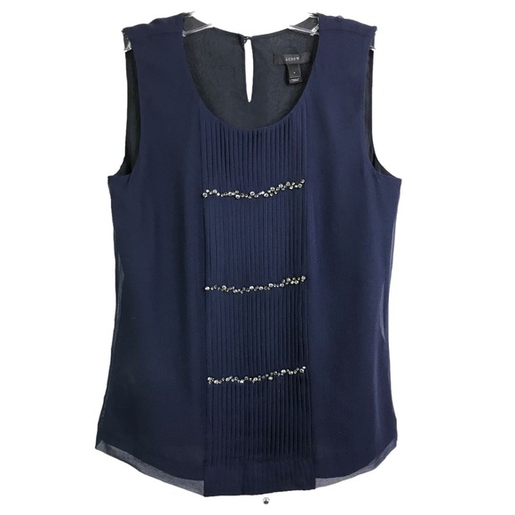 J. Crew Women's Blouse Crystal Embellished Sparkle Rhinestone Pleated Silk Top 0 - Picture 1 of 9